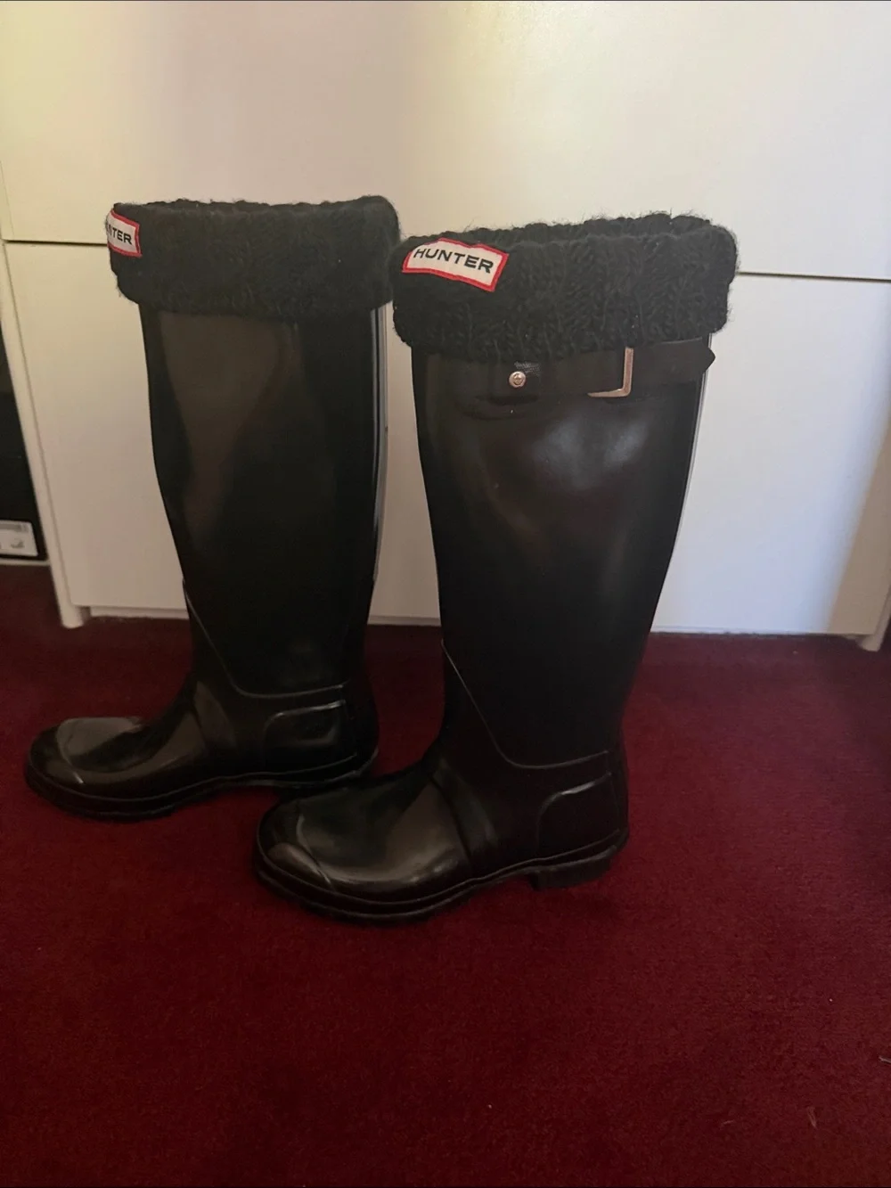 Hunter Black Gloss Tall Rain Boots with Knit Cuffs